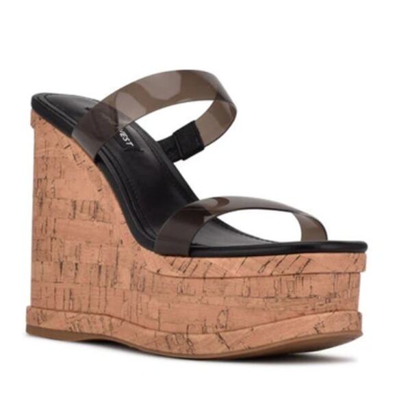 Nine West Rapps Platform Wedge Sandal 8.5 NWOT Black Cork Travel Beach Resort - Picture 1 of 6
